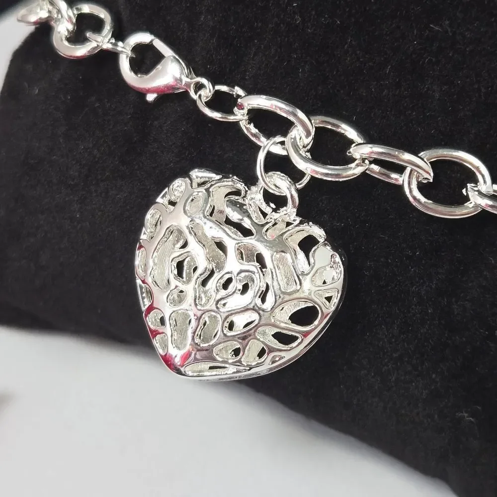 Puffy Filigree Heart Bracelet Stainless Steel Chunky Chain Love Romantic Gift